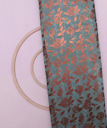 steal blue and copper floral foil print modal chanderi fabric b124 5698